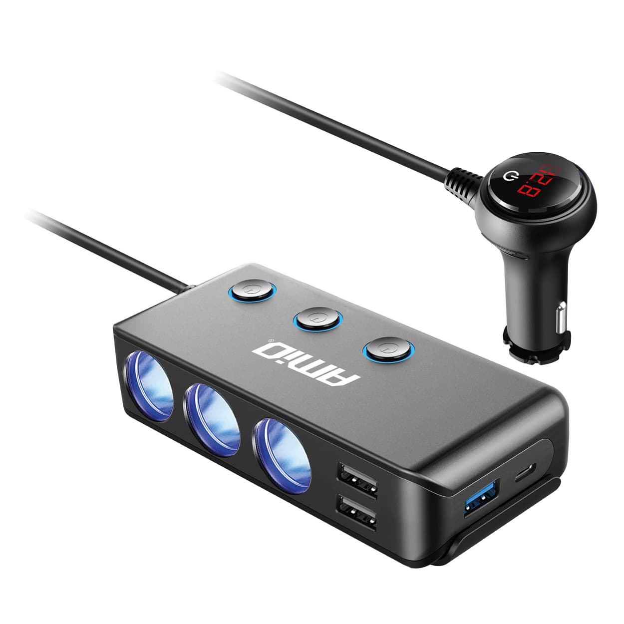 Razdelilnik vtičnice avtomobilskega vžigalnika AMiO s 3xUSB, USB-C in voltmetrom