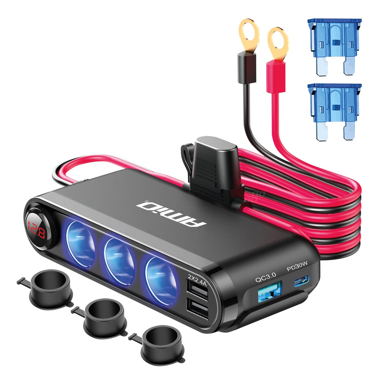 Razdelilnik vtičnice avtomobilskega vžigalnika AMiO s 3xUSB, USB-C in voltmetrom