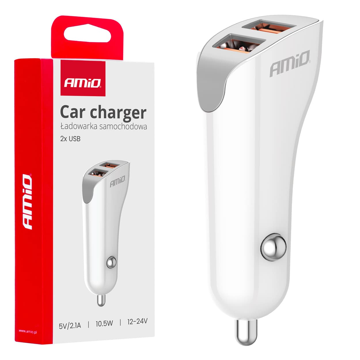 AMiO avto polnilnik 2x USB-A 2.1A (bel)