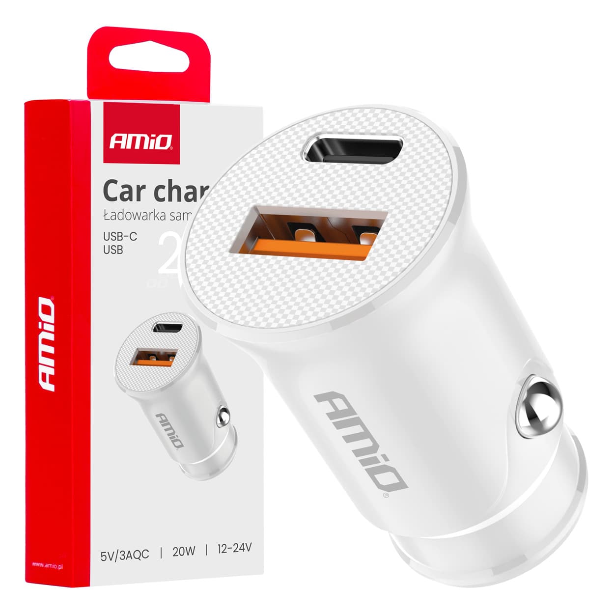 AMiO avto polnilnik USB-A + USB-C 20W (bel) - 1 priključek