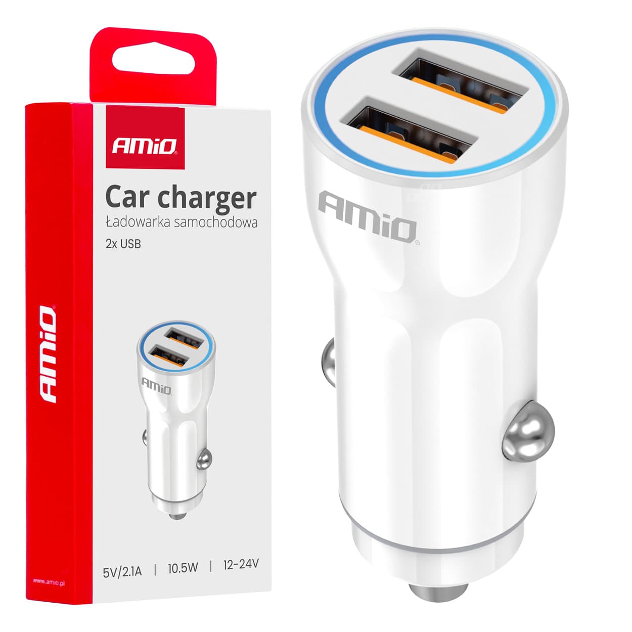 AMiO avtomobilska polnilka 2x USB-A, 10,5W, bela