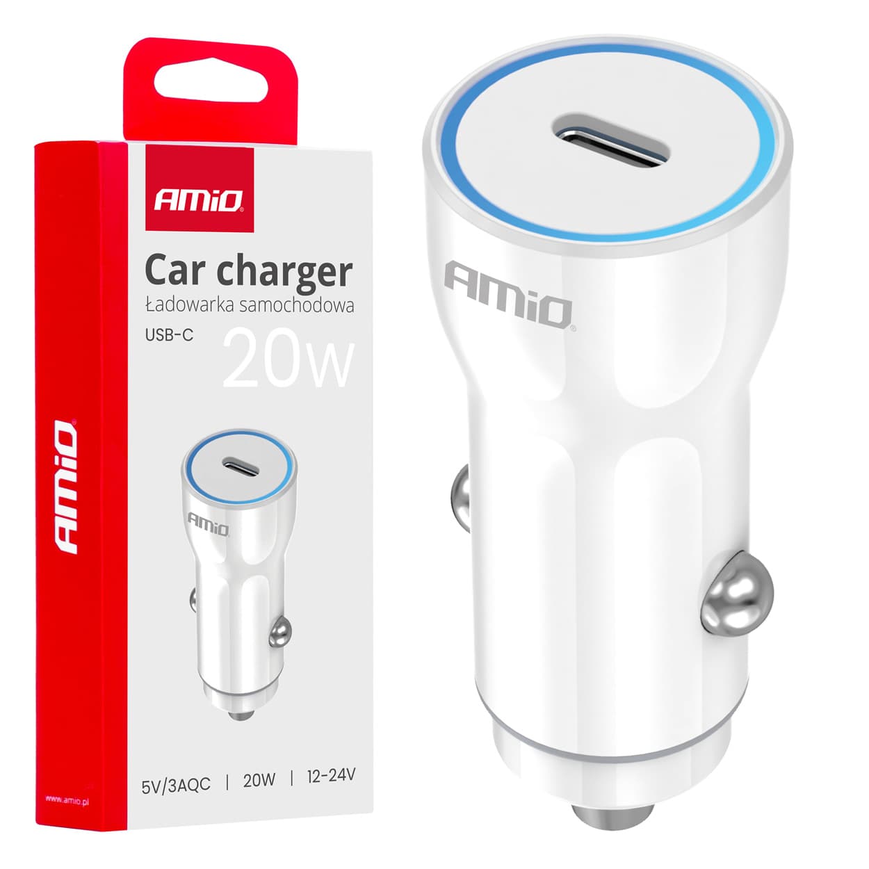 AMiO avtomobilska polnilka USB-C, 20W, bela