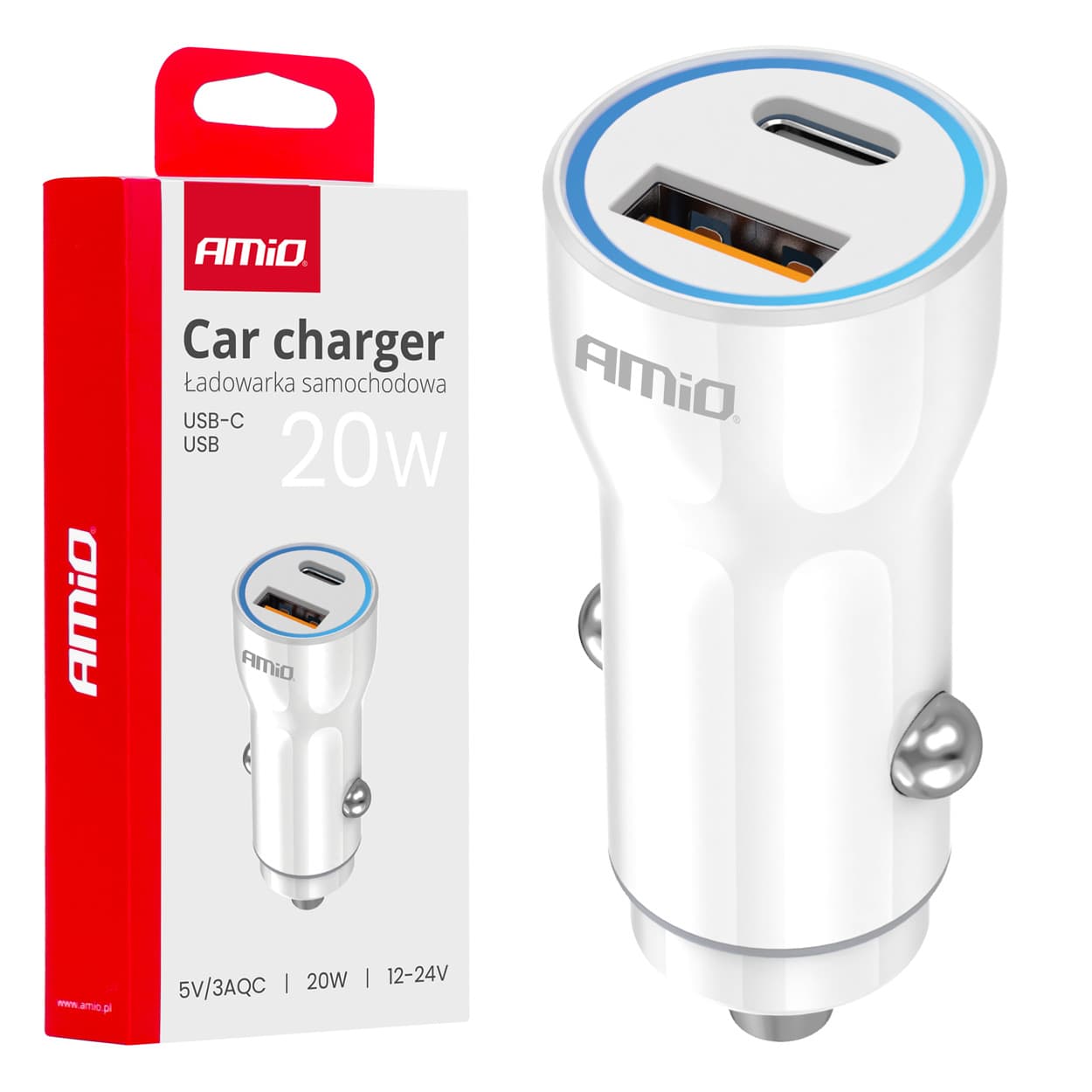 AMiO avtomobilska polnilka USB-A + USB-C, 20W, bela