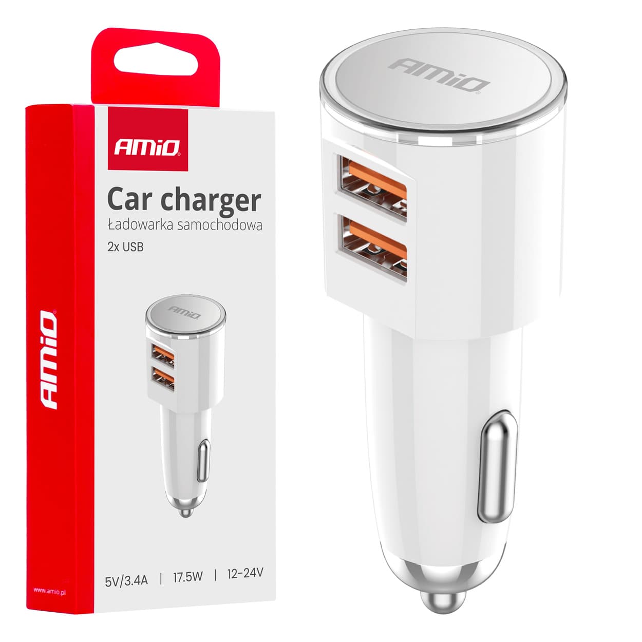 AMiO avtomobilska polnilka 2x USB-A, 3,4A, bela