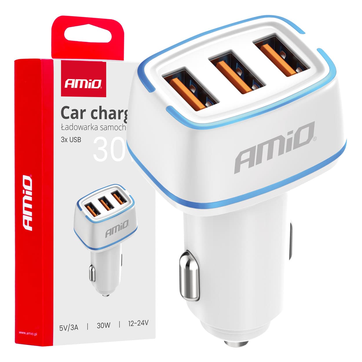 AMiO avtomobilska polnilka 3x USB-A, 30W, bela