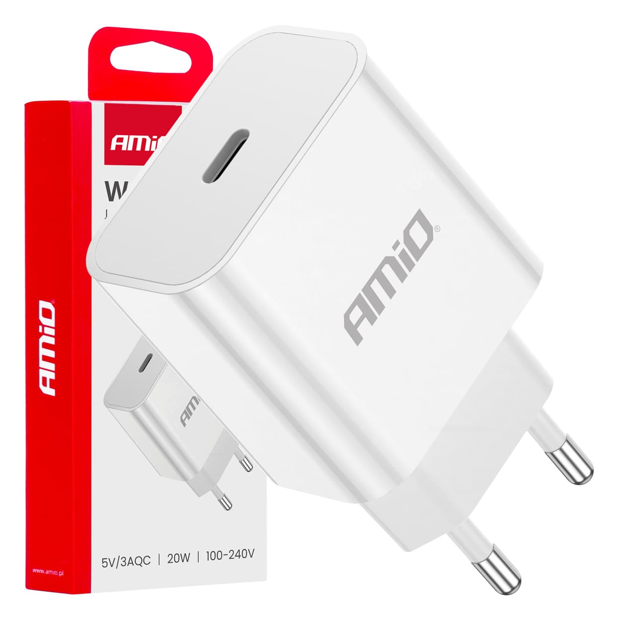 AMiO omrežni polnilnik 230V, USB-C PD, 20W, bela