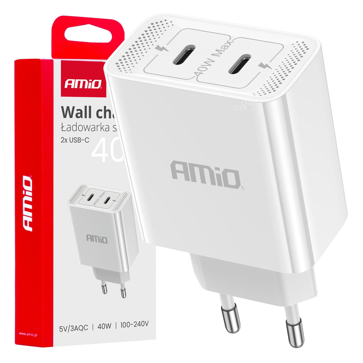 AMiO omrežni polnilnik 230V, 2x USB-C, 40W, bela