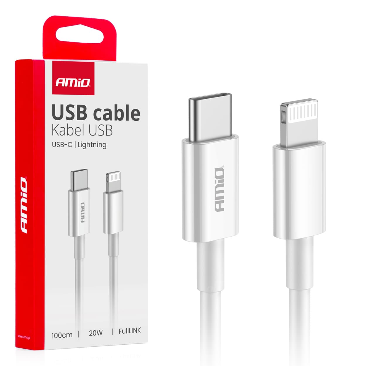 AMiO USB-C - Lightning kabel, PD 20W, 100 cm