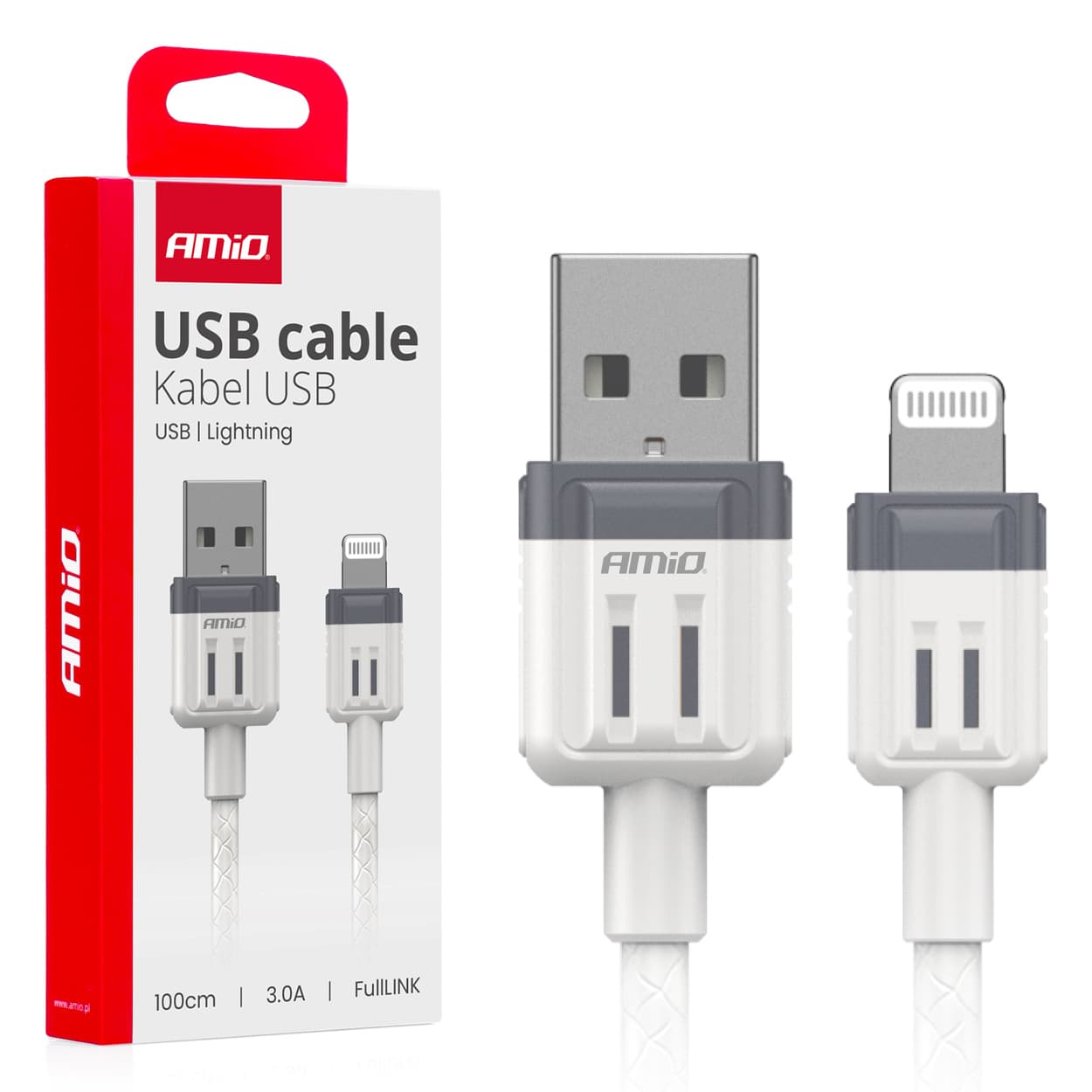 AMiO USB-A - Lightning kabel, 3A, 100 cm