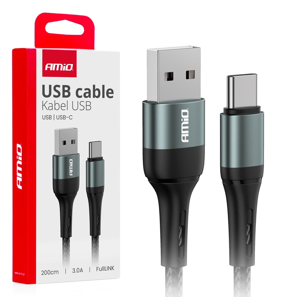 AMiO USB-A - USB-C kabel, 3A, 200 cm
