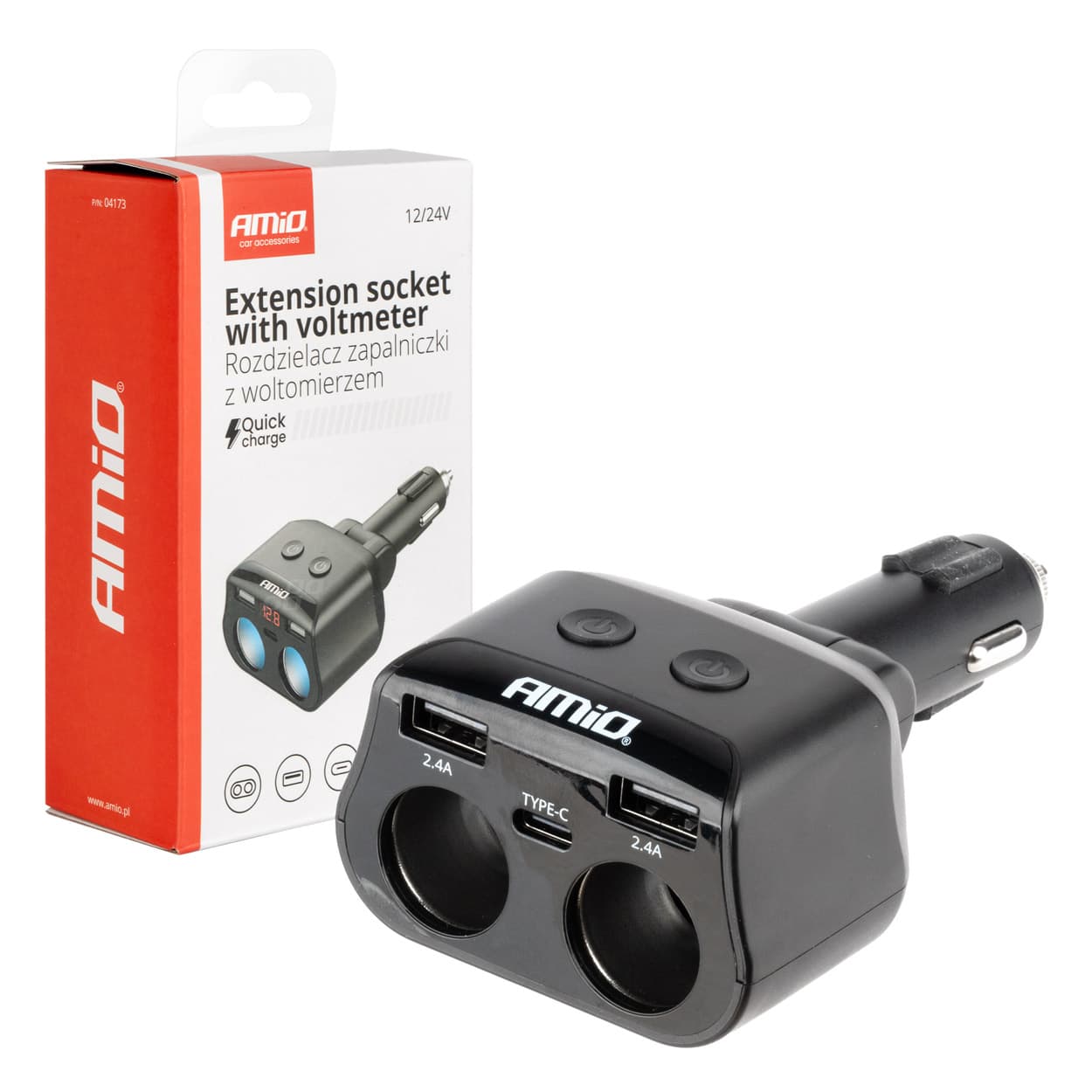 AMiO Razdelilnik vžigalnika 2x USB, 1x USB-C, 12/24V, z volmetrom, 200W