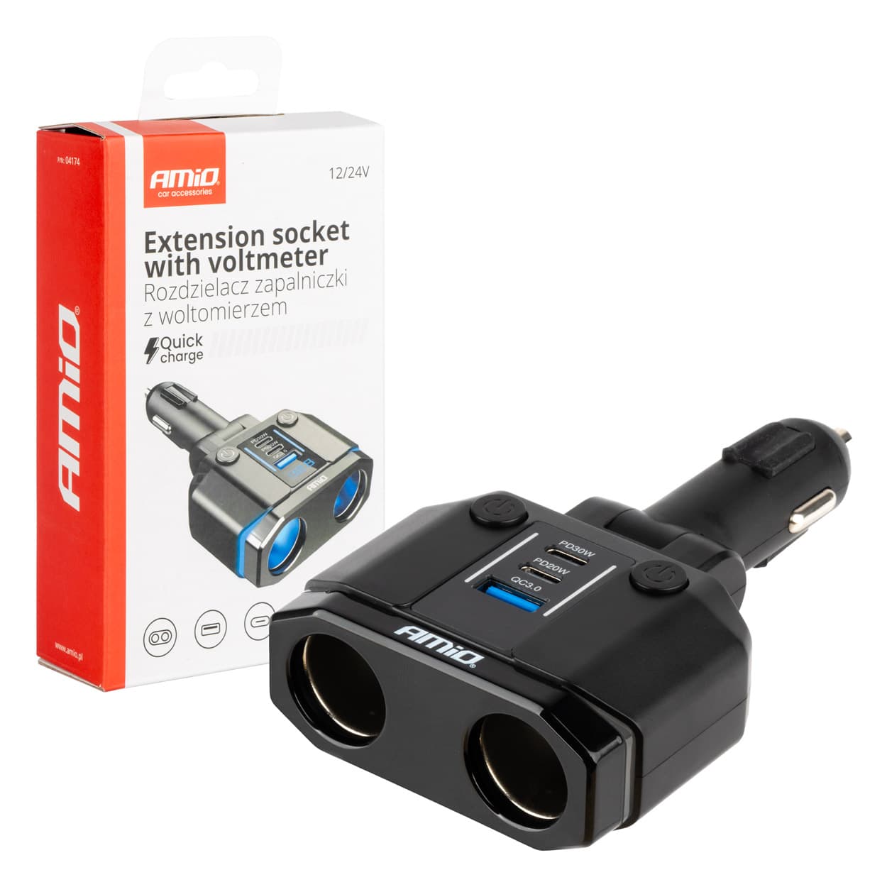 AMiO Razdelilnik vžigalnika PD30W, PD20W, QC3.0, 12/24V, z volmetrom