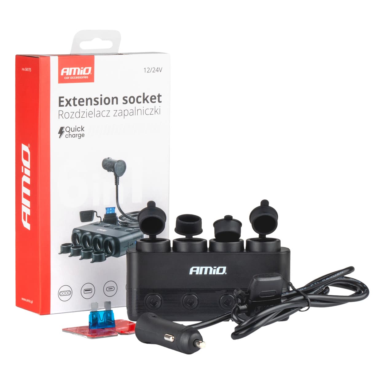 Avto razdelilec vtičnice AMiO PD30W+QC3.0, 12/24V, 4x USB