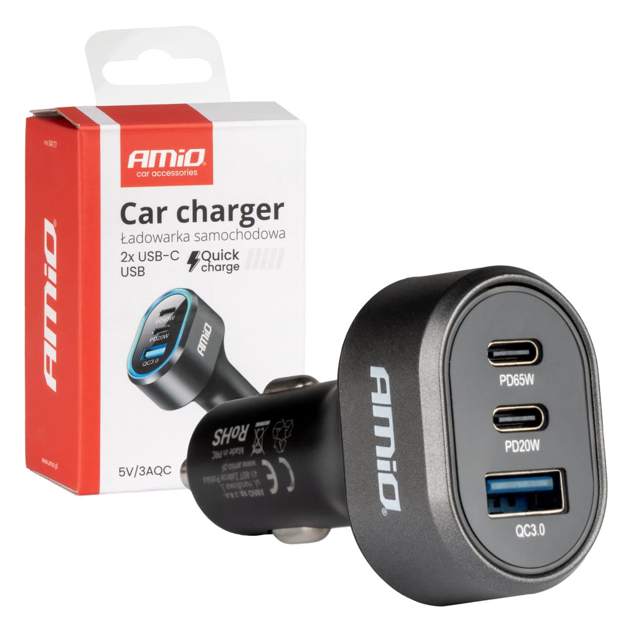 Avto polnilnik AMiO 85W, 2x USB-C (PD65W+PD20W), USB-A QC3.0