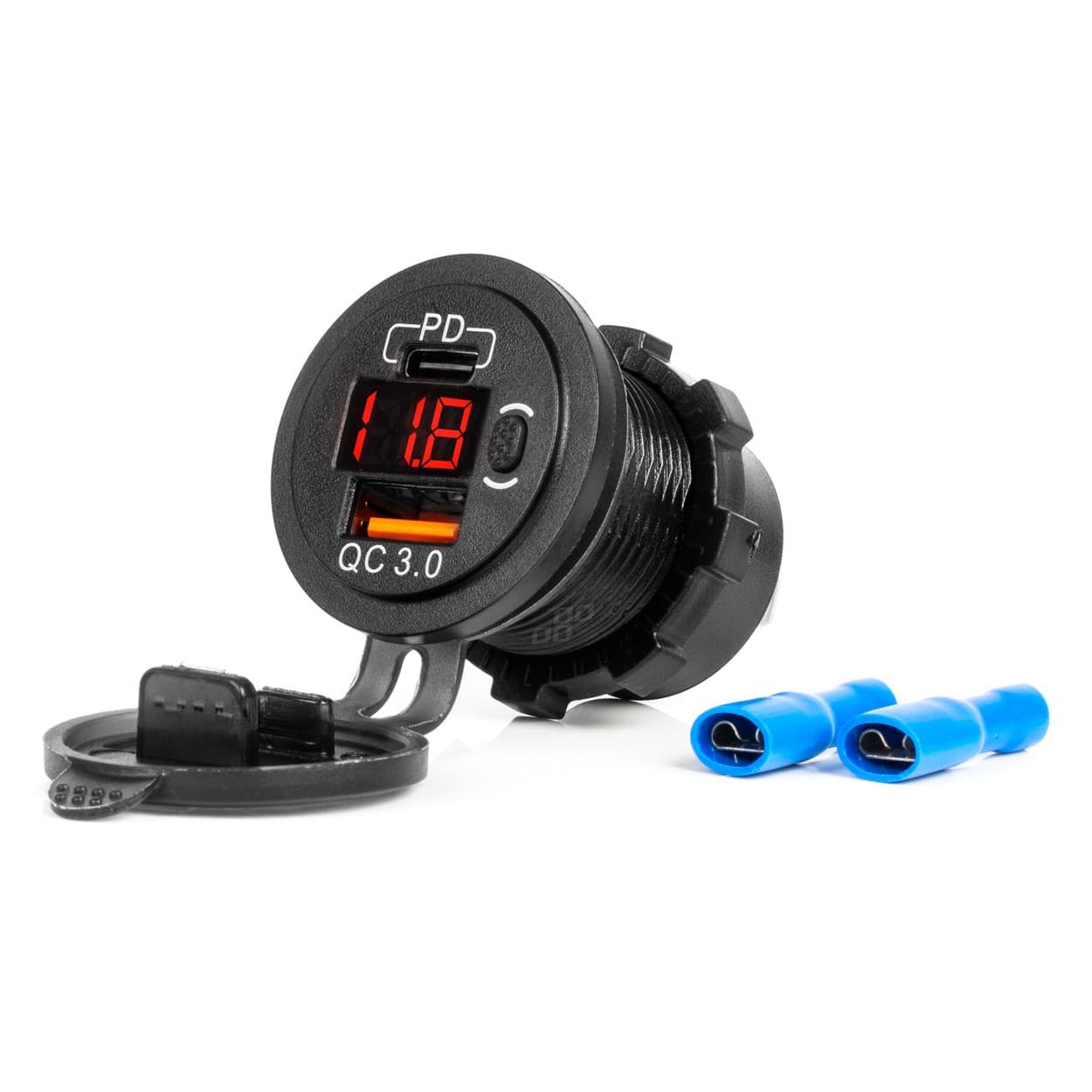 Avtomobilski polnilnik AMiO, vodoodporen, USB + USB-C QC 3.0, tester napetosti, stikalo