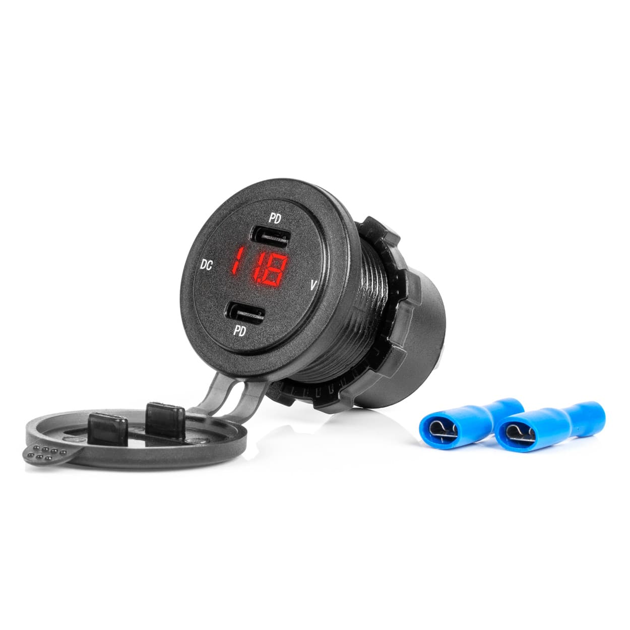 Avto polnilnik AMiO, vodoodporen, tester napetosti, 2x USB-C, 12/24V
