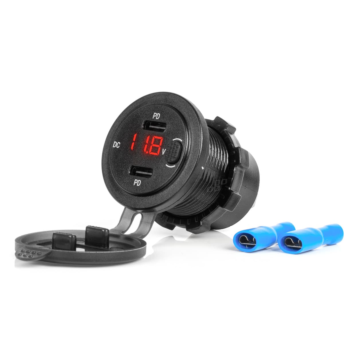 Avto polnilnik AMiO, vodoodporen, tester napetosti, vklop, 2x USB-C, 12/24V