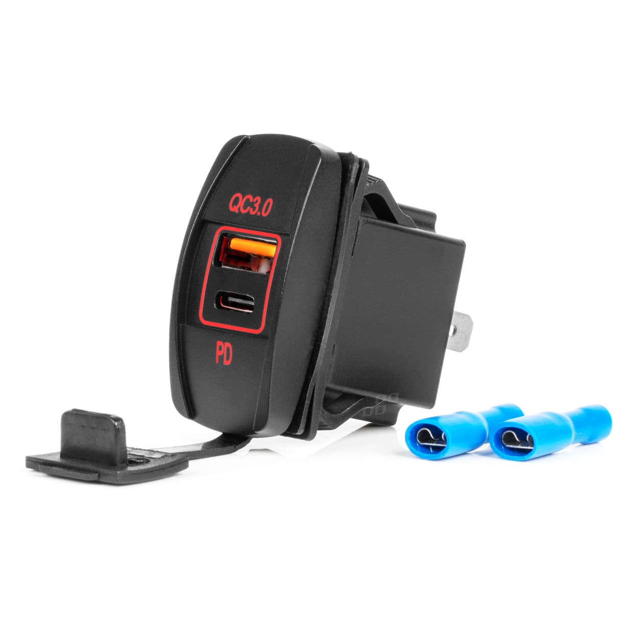 Avto polnilnik AMiO, vodoodporen, oblika čolna, USB+USB-C QC3.0, 12/24V