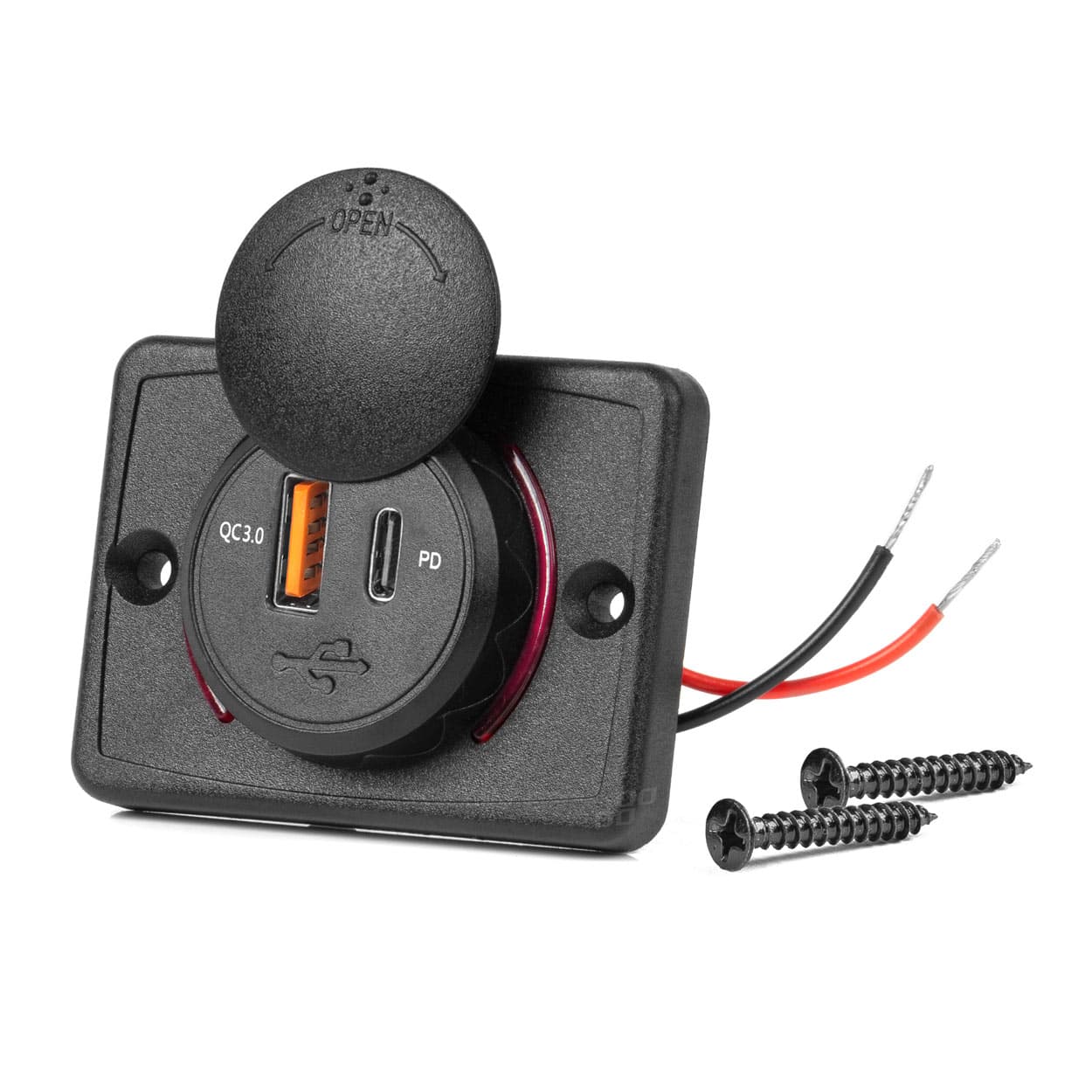 Avto polnilnik AMiO, vodoodporen, kvadratni, USB+USB-C QC3.0, 12/24V