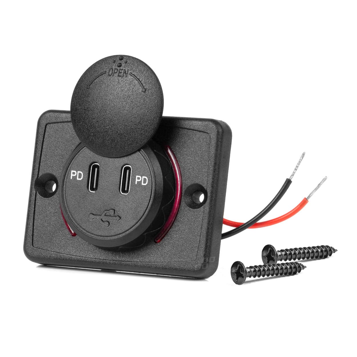 Avto polnilnik AMiO, vodoodporen, kvadratni, 2x USB-C, 12/24V