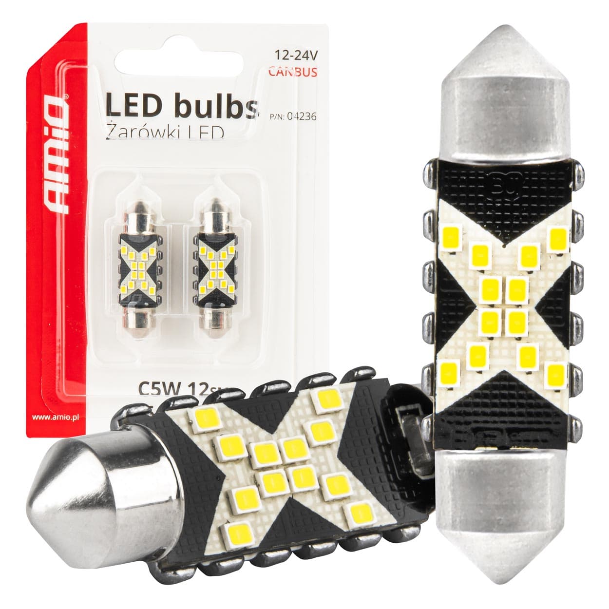 AMiO LED žarnici C5W Festoon Canbus, 12x SMD 2016, 36mm, bela, 12V/24V