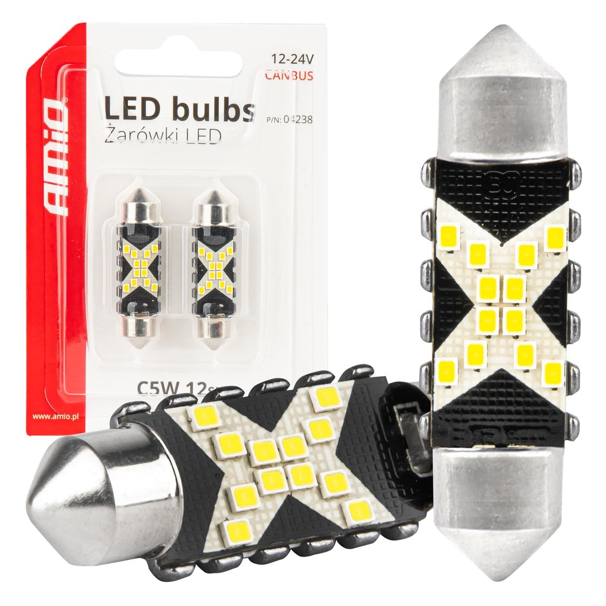AMiO LED žarnici C5W Festoon Canbus, 12x SMD 2016, 41mm, bela, 12V/24V