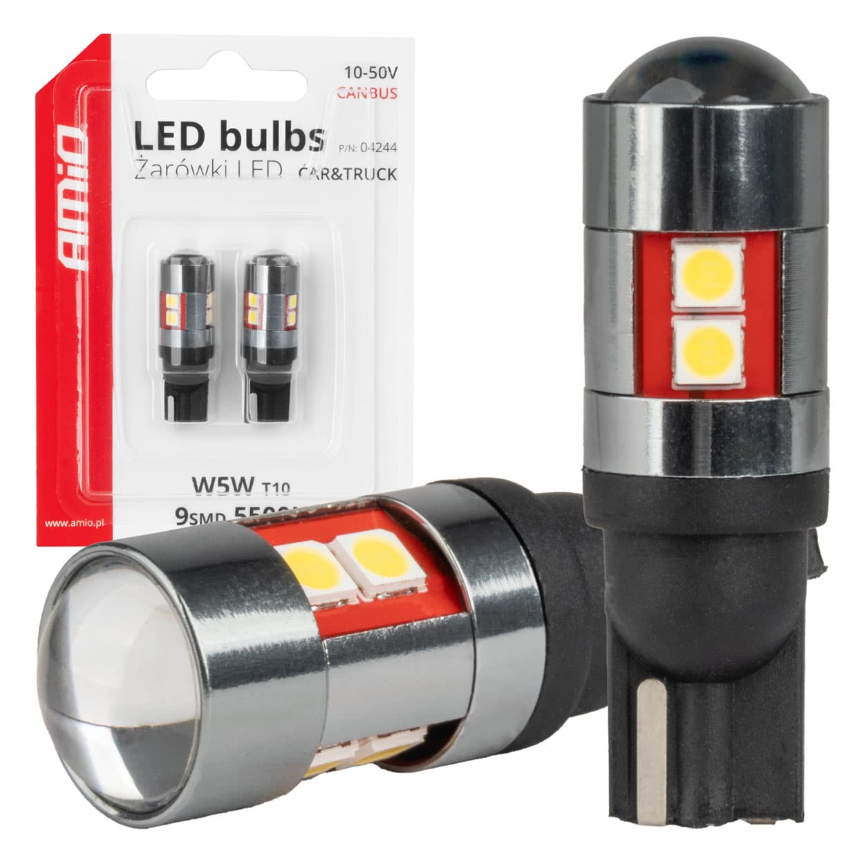 LED žarnica AMiO CAN-BUS T10 W5W 9xSMD 3030 White (10-50V)