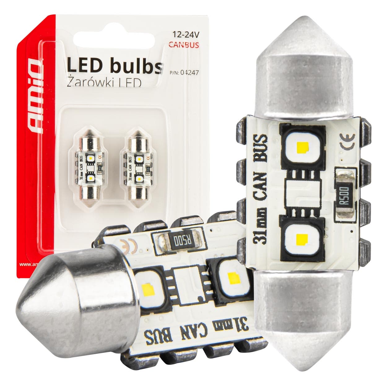 AMiO LED žarnici C5W Festoon Canbus, 2x SMD 3838, 31mm, bela, 12V/24V