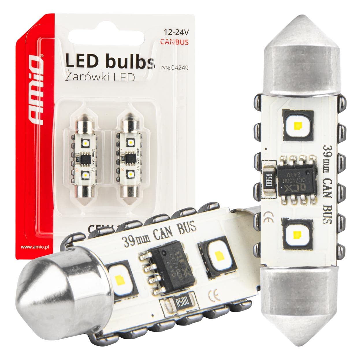 AMiO LED žarnici C5W Festoon Canbus, 2x SMD 3838, 39mm, bela, 12V/24V