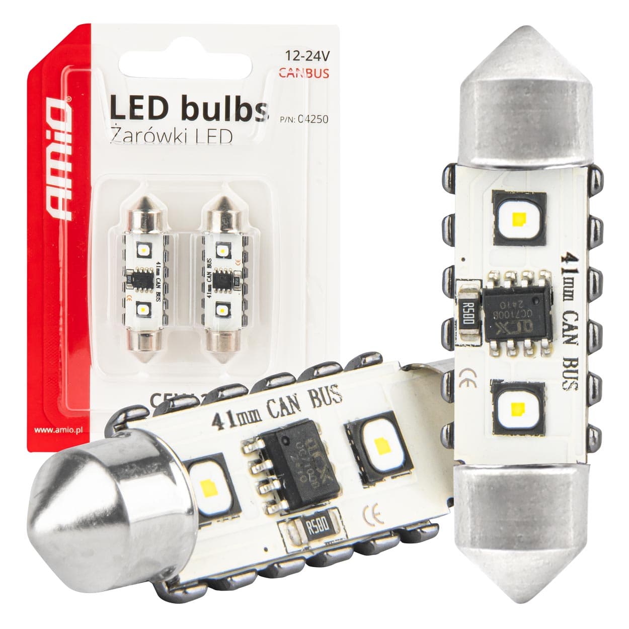 AMiO LED žarnici C5W Festoon Canbus, 2x SMD 3838, 41mm, bela, 12V/24V