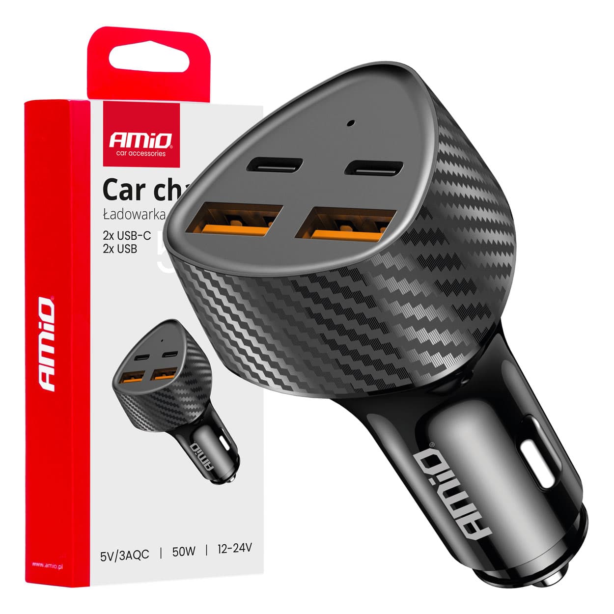Avtomobilski polnilnik AMiO 50W, 2x USB-A + 2x USB-C
