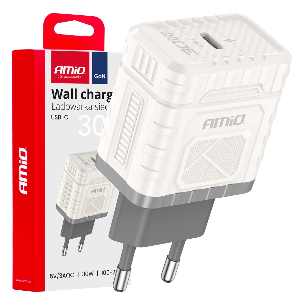 Omrežni polnilnik AMiO Quick Charge GaN PD 30W, USB-C