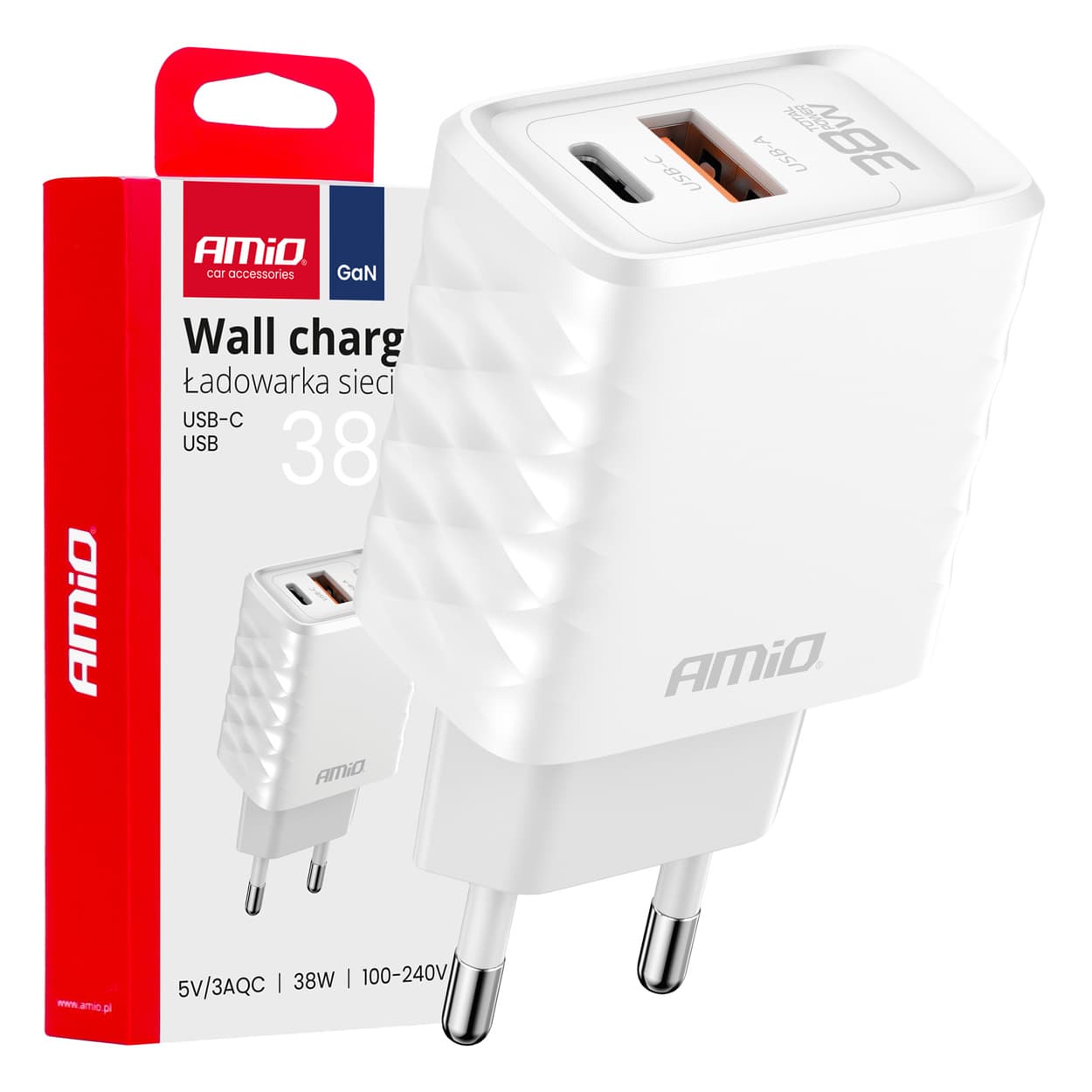 AMiO GaN omrežni polnilnik 38W, USB-A + USB-C