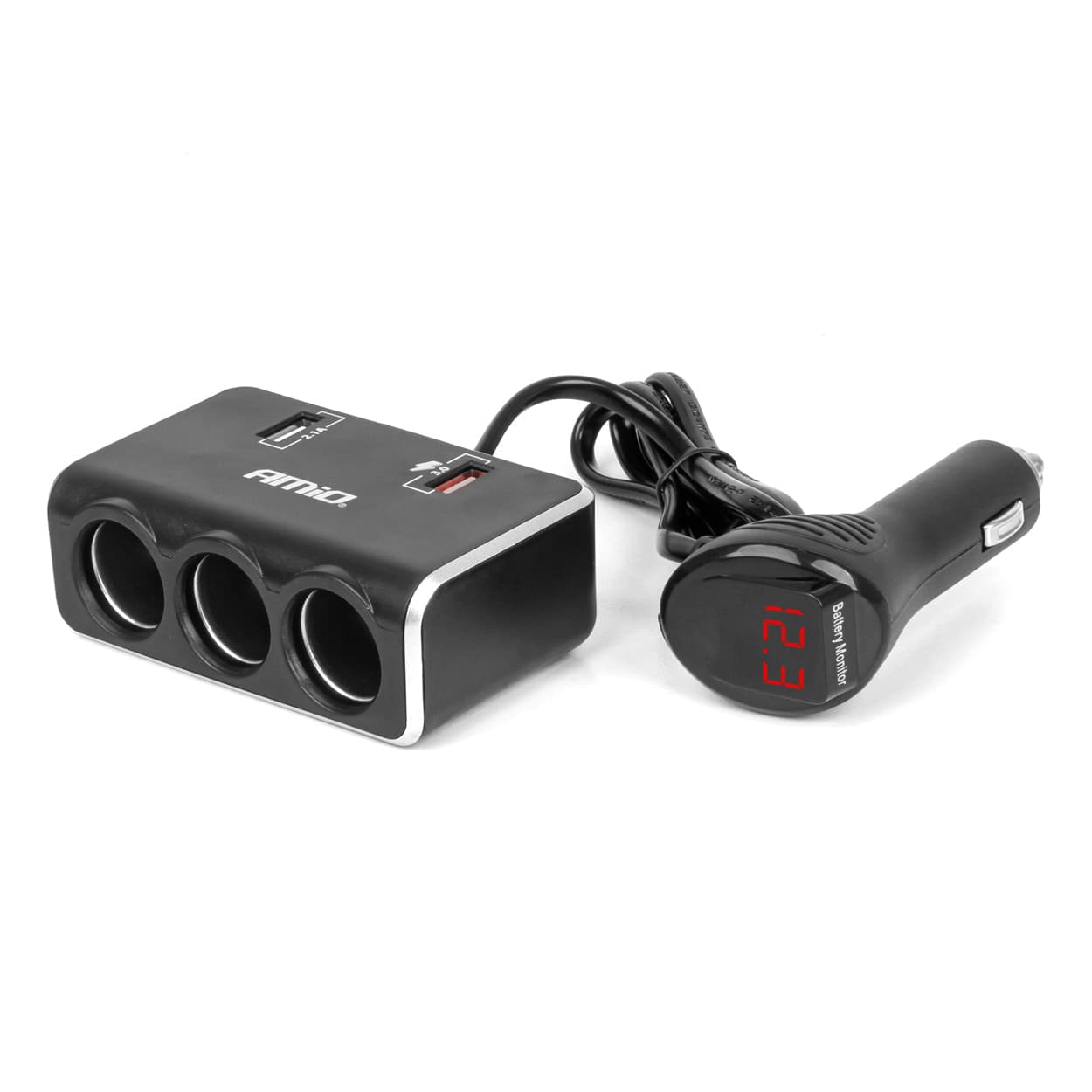 AMiO Razdelilnik vtičnice avto vžigalnika (3x vtičnica, 2x USB-A QC 3.0, prikaz napetosti)