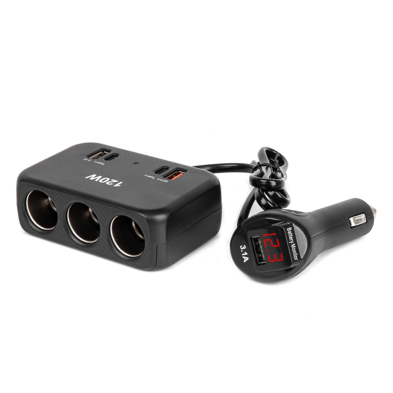 AMiO Razdelilnik vtičnice avto vžigalnika (3x vtičnica, 2x USB-A, USB-C QC 4.0, prikaz napetosti)
