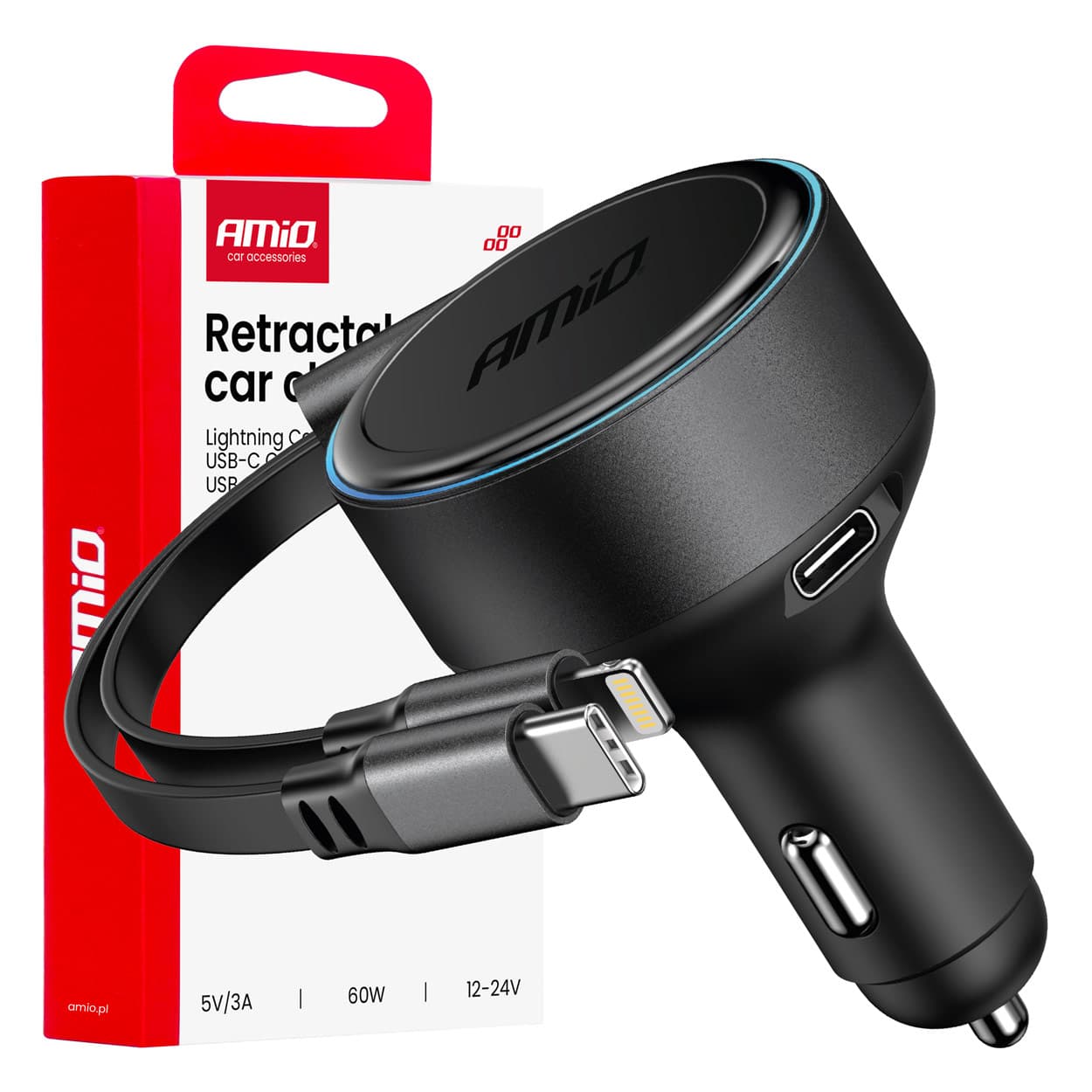 AMiO avto polnilec s kablom USB-C + Lightning, do 60W PD