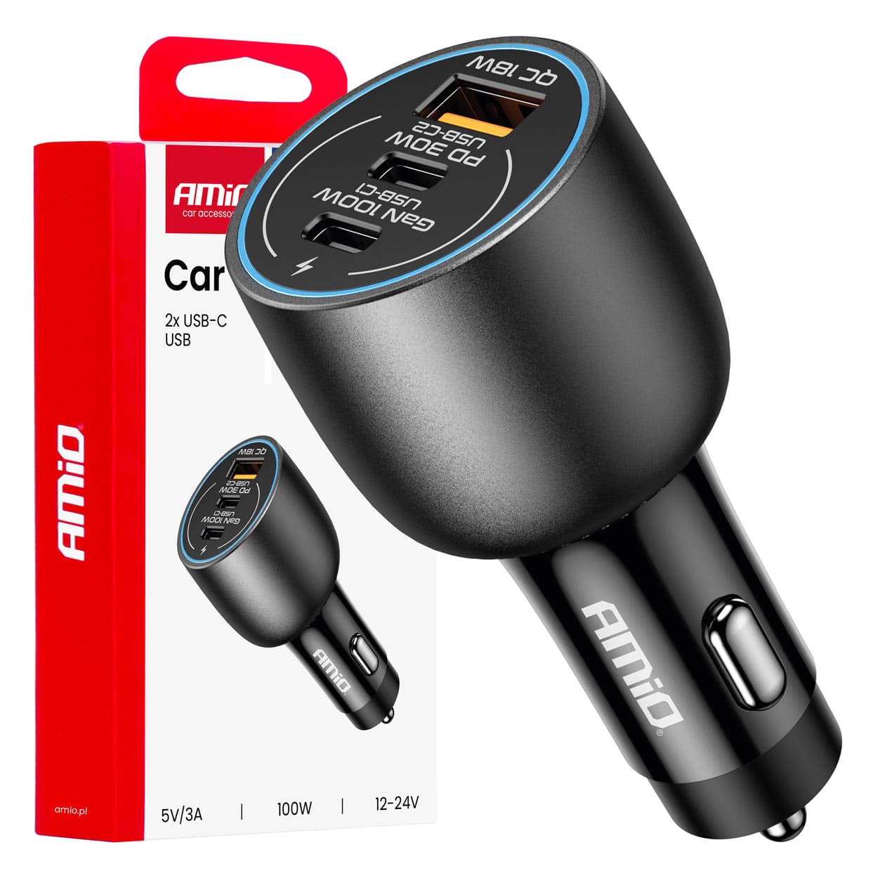 AMiO avto polnilec: 2x USB-C (PD) + 1x USB-A (QC), 100W