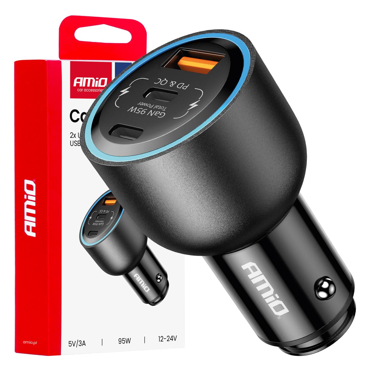 AMiO Avtomobilski polnilnik 2x USB-C + USB-A 95W (12V/24V)