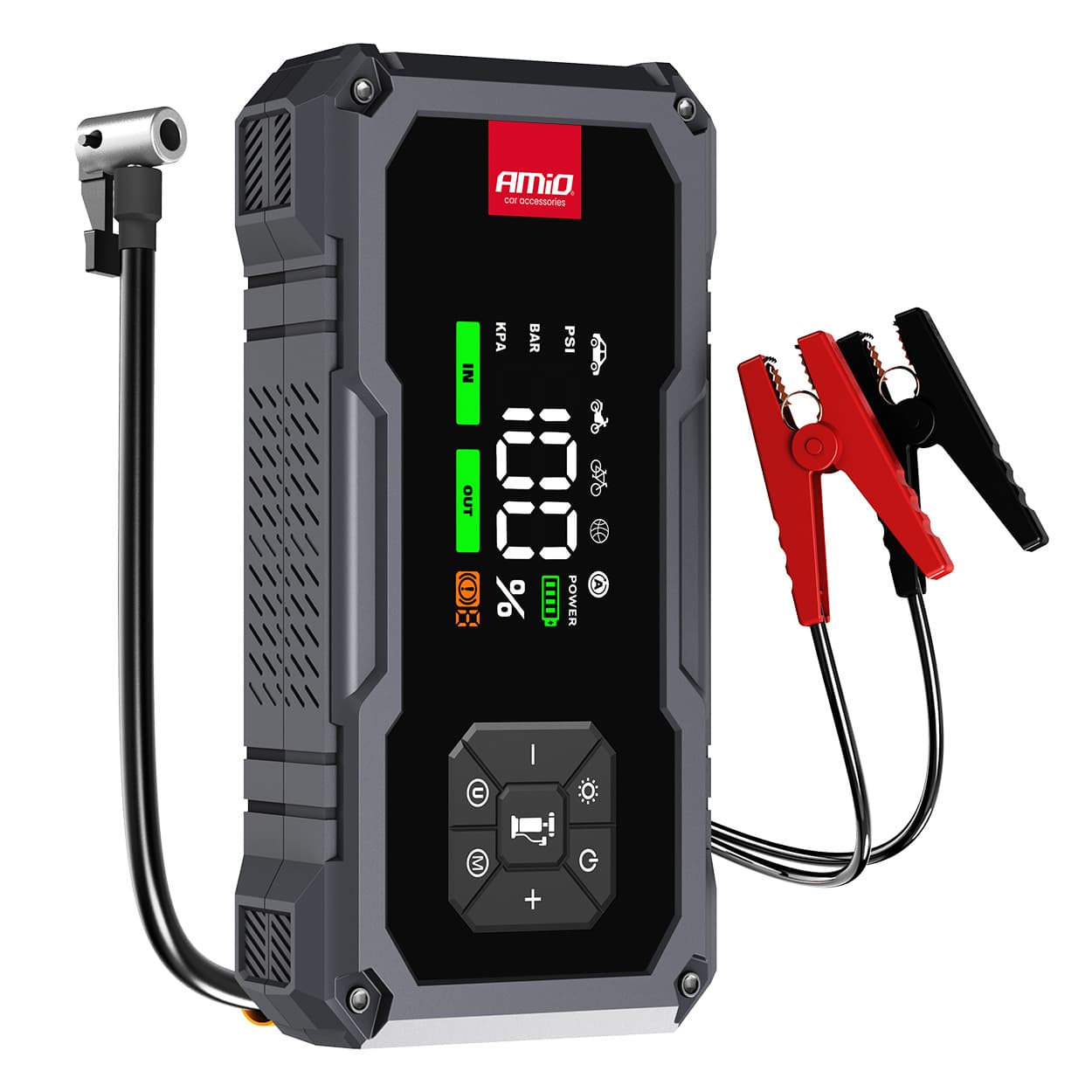 AMiO 4v1 naprava za zagon avtomobila: booster, powerbank, kompresor, LED svetilka