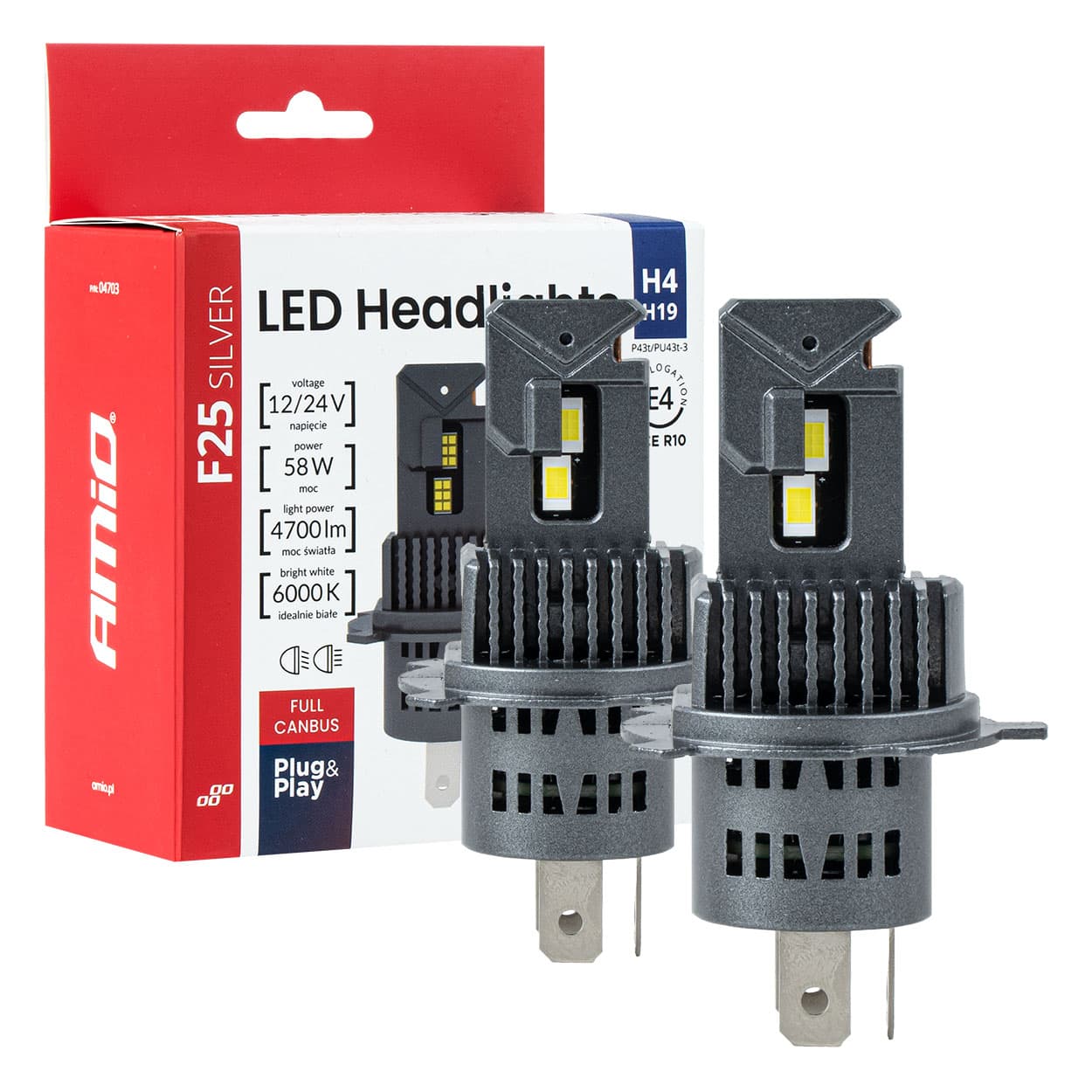 Avtomobilske LED žarnice AMiO F25 Silver Full Canbus H4/H19 58W