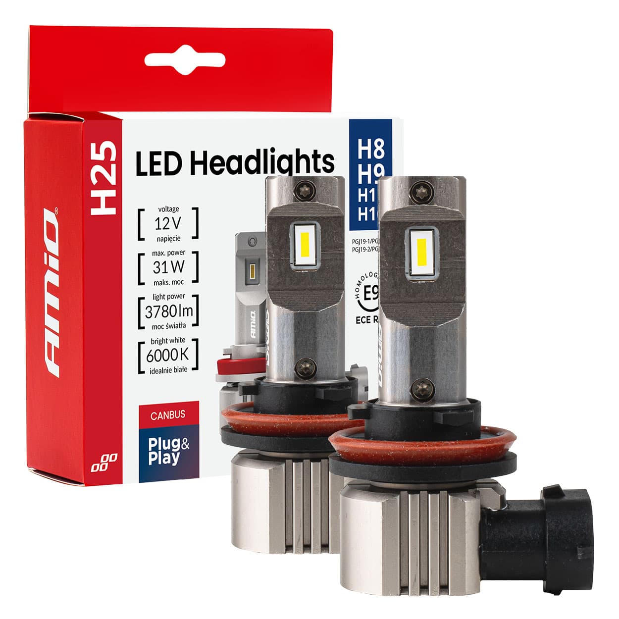 AMiO LED avtomobilske žarnice H25 Canbus H8/H9/H11/H16, 12V, 31W