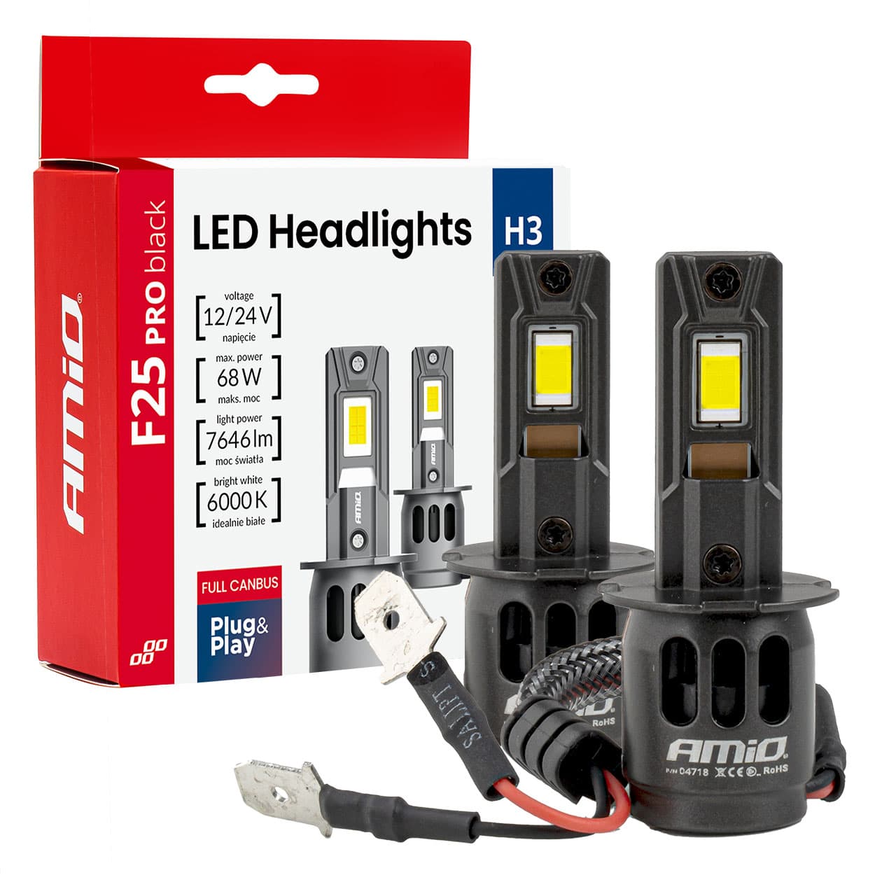 Avtomobilska LED žarnica AMiO F25 PRO H3, 68W, 12V/24V