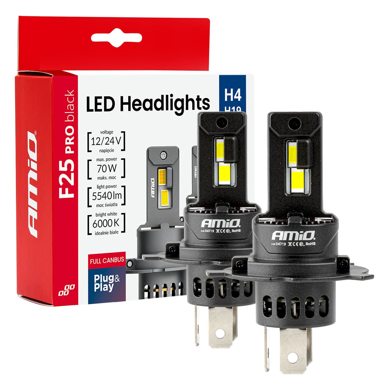 Avtomobilska LED žarnica AMiO F25 PRO H4/H19, 70W, 12V/24V