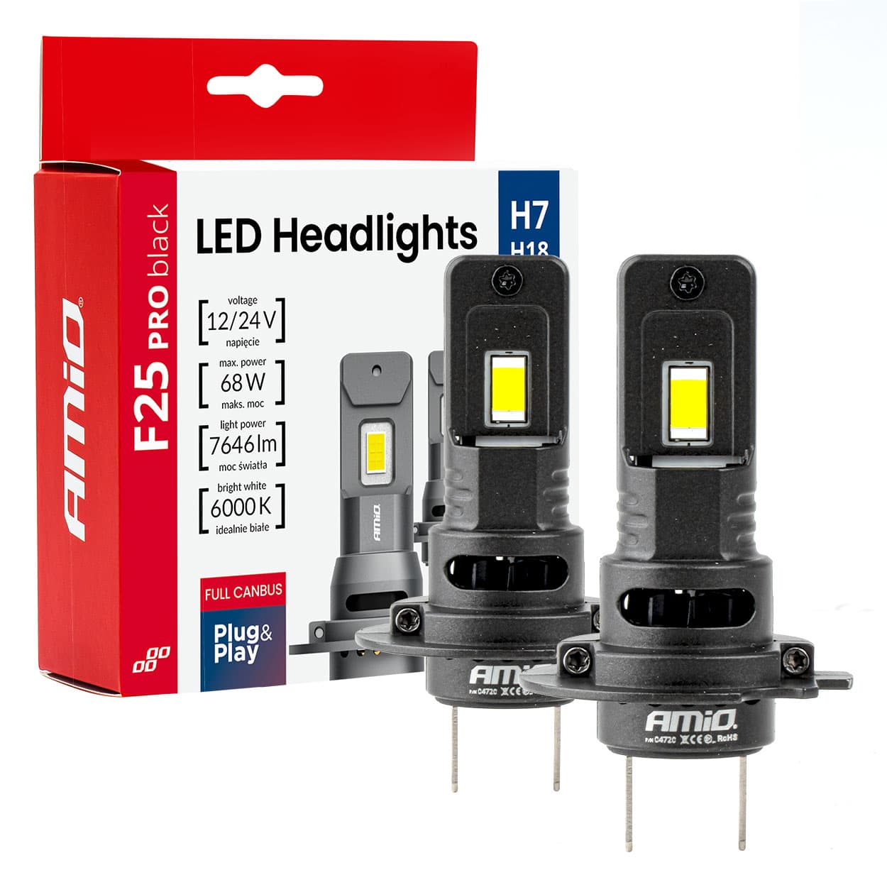 Avtomobilska LED žarnica AMiO F25 PRO H7, 68W, 12V/24V