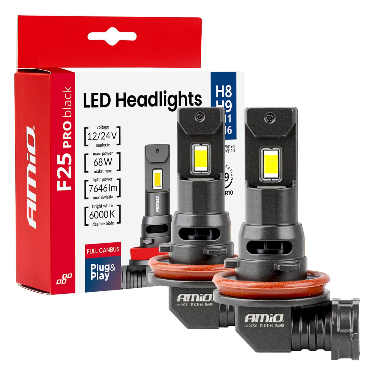Avtomobilska LED žarnica AMiO F25 PRO H8/H9/H11/H16, 68W, 12V/24V