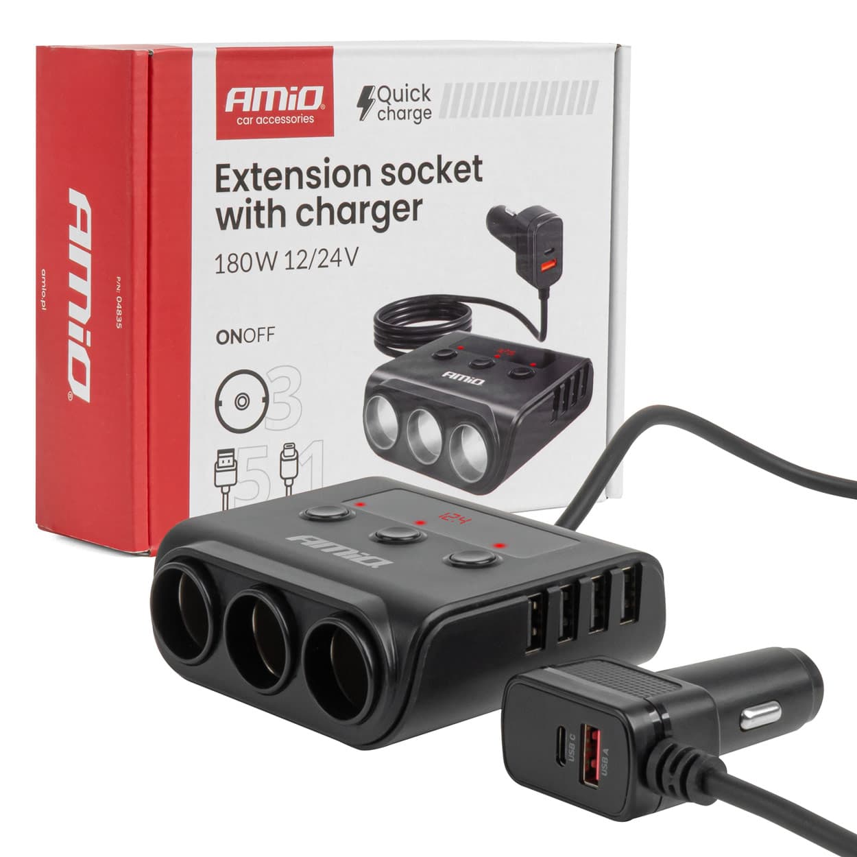 AMiO Razdelilnik vžigalnika s polnilnikom 4x USB-A QC3.0 PD3.0 180W