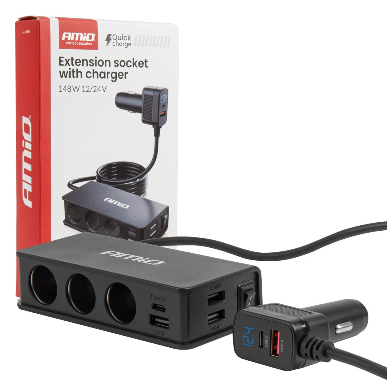 AMiO Razdelilnik vžigalnika s polnilnikom 3x USB-A + 1x USB-C QC3.0 PD3.0 148W