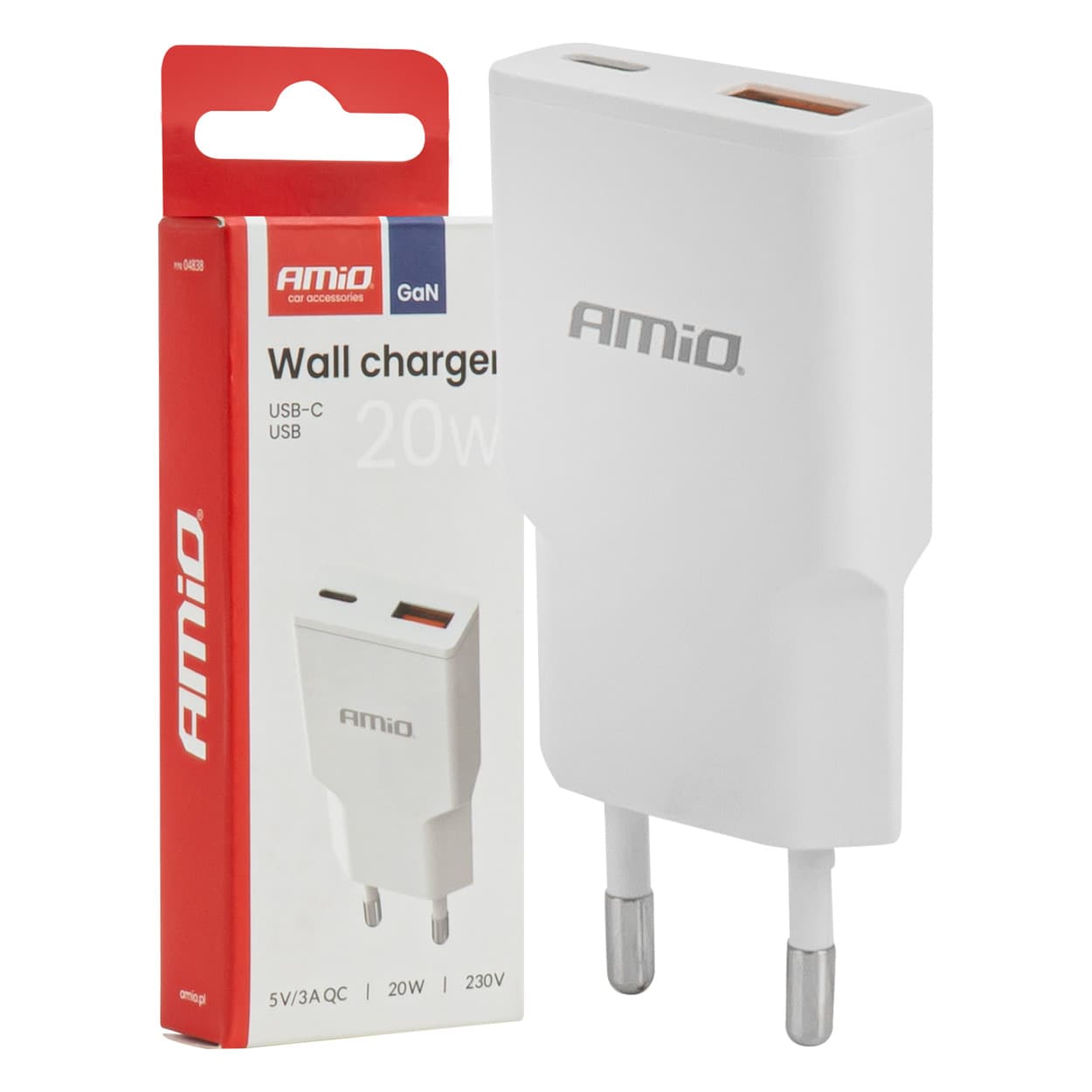 AMiO Omrežni polnilnik 230V 20W GaN USB-C + USB-A
