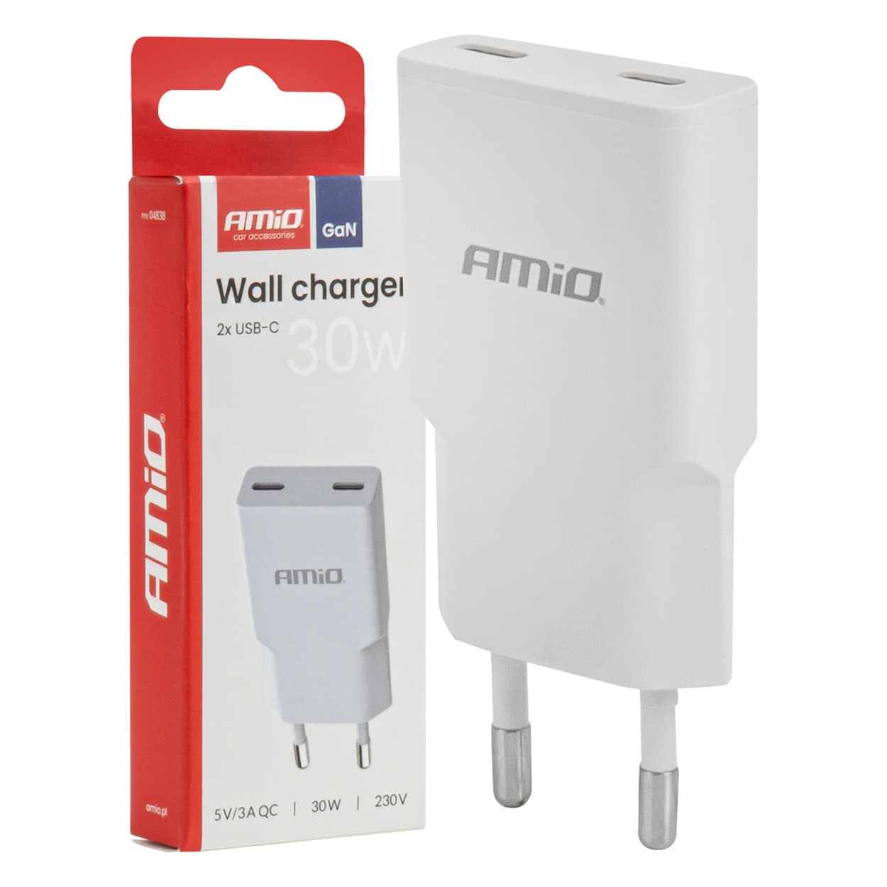 AMiO Omrežni polnilnik 230V 30W GaN 2x USB-C