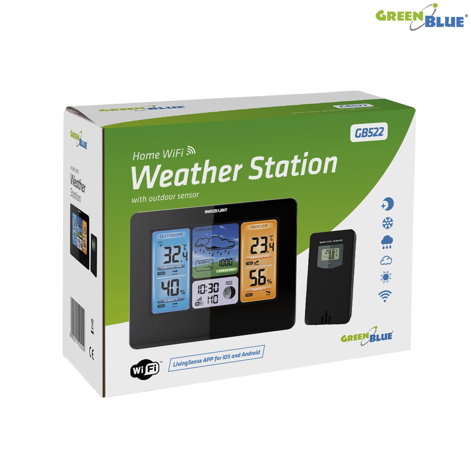 Brezžična meteorološka postaja GreenBlue GB522, WiFi, barvni zaslon 3
